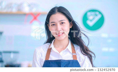 一位身穿白襯衫、繫著圍裙的年輕女子的作品集 132452970