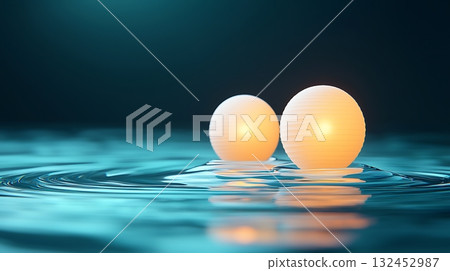 Glowing Spheres on Calm Water Surface in Soft Blue Light Reflection 132452987
