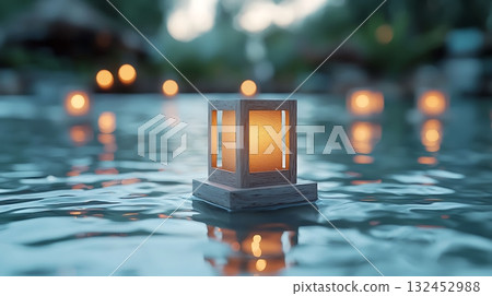 Tranquil Water Lanterns Illuminating Calm Evening Scene with Soft Glows and Reflections 132452988
