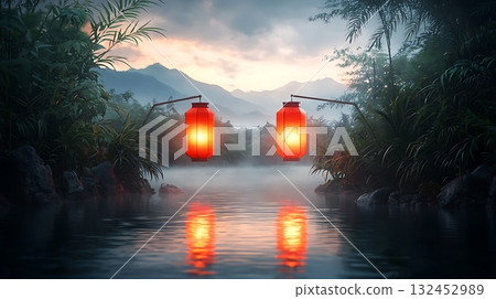 Serene River Scene with Red Lanterns Reflected in Water Surrounded by Lush Greenery and Mist 132452989