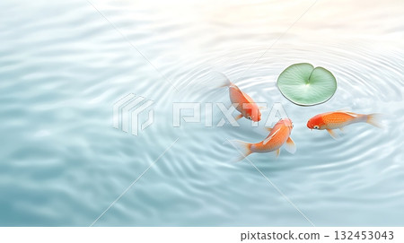 Tranquil Scene of Goldfish Swimming Around a Water Lily on Serene Water Surface 132453043