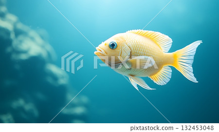Bright Yellow Fish Swimming Gracefully in Clear Blue Ocean Waters Among Coral Reefs Bright Yellow Fish Swimming Gracefully in Clear Blue Ocean Waters Among Coral Reefs 132453048