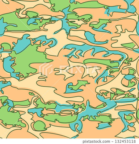 Seamless Camouflage Pattern in Green Blue Beige background. Modern clothing style masking camo repeat print. Forest texture. Wavy shapes. Graphic design vector illustration for Fashion Textile Cover Seamless Camouflage Pattern in Green Blue Beige background. Modern clothing style masking camo repeat print. Forest texture. Wavy shapes. Graphic design vector illustration for Fashion Textile Cover 132453118