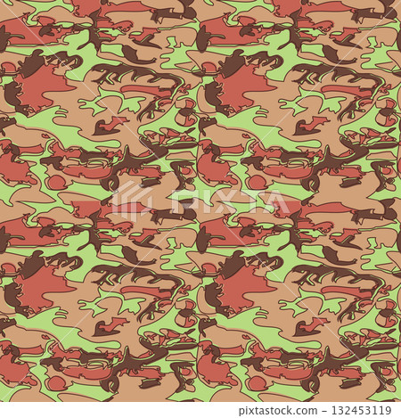 Seamless Camouflage Pattern in Brown Green background. Modern clothing style masking camo repeat print. Forest texture. Wavy shapes. Graphic design vector illustration for Fashion Textile Cover Banner 132453119