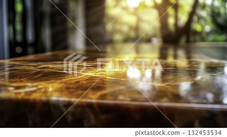 Close-Up View of Glossy Brown Marble Surface with Warm Natural Light Reflection Close-Up View of Glossy Brown Marble Surface with Warm Natural Light Reflection 132453534