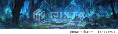 夢幻般的森林景觀，夜晚的森林，藍光，夢幻背景 132453604