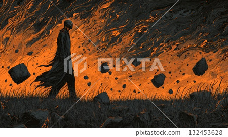 Silhouetted Figure Walks Through Fiery Horizon as Floating Rocks Drift in Chaos 132453628
