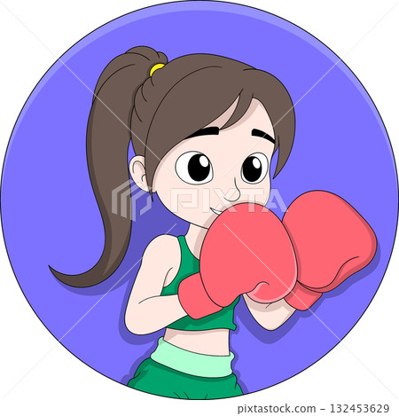 Female Boxer Cartoon in Circular Frame 132453629