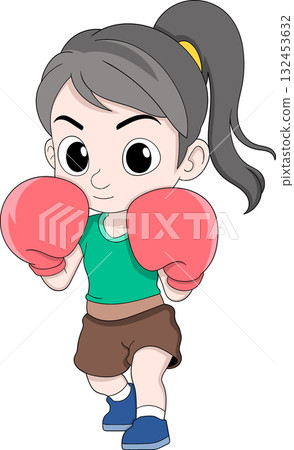 Vector cartoon of a female boxer in a defensive stance, ready to attack, symbolizing strength, focus, and determination 132453632