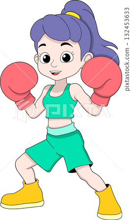 Vector cartoon of a female boxer in a ready stance while training, symbolizing strength and focus in fitness and sports 132453633