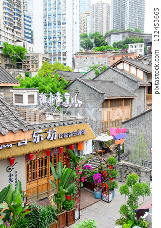 Beautiful old streetscape of the Eighteen Stairs in Chongqing, China 132453665