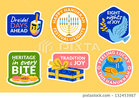 Hanukkah sticker set with menorah gifts and food in hand-drawn flat cartoon style 132453987