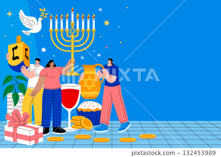 Hanukkah background with menorah people and festive items in hand-drawn flat cartoon style Hanukkah background with menorah people and festive items in hand-drawn flat cartoon style 132453989
