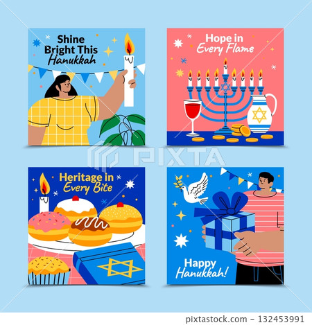 Hanukkah holiday composition with people and food in hand-drawn flat cartoon style Hanukkah holiday composition with people and food in hand-drawn flat cartoon style 132453991
