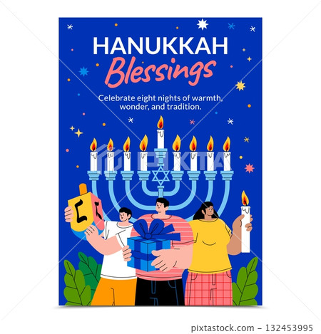 Hanukkah celebration poster with menorah gifts and family in hand-drawn flat cartoon style 132453995