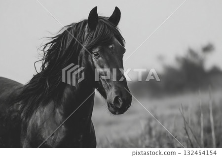 Black and white photo of a black horse 132454154