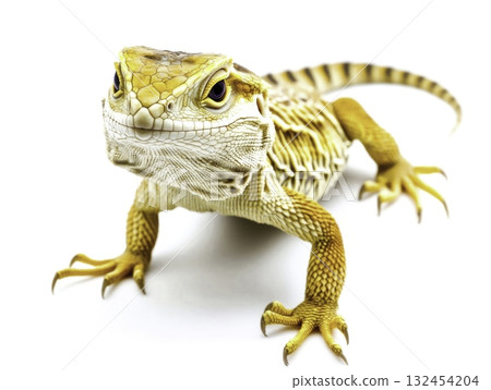 Vivid Yellow Bearded Dragon Lizard on White Background in Studio Setting Vivid Yellow Bearded Dragon Lizard on White Background in Studio Setting 132454204
