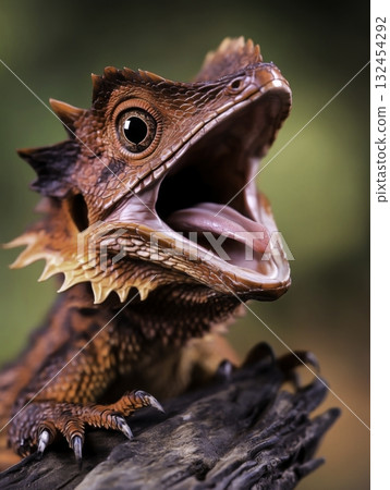 Close-Up of an Orange Australian Central Bearded Dragon with Open Mouth in Nature Close-Up of an Orange Australian Central Bearded Dragon with Open Mouth in Nature 132454292