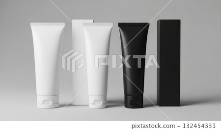 Minimalist cosmetic packaging: black and white tubes with box on gray background 132454331