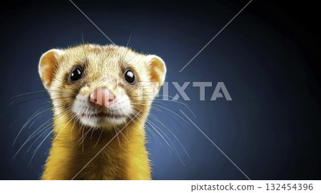 Cute Ferret Portrait with Bright Eyes and Quirky Expression on Blue Background Cute Ferret Portrait with Bright Eyes and Quirky Expression on Blue Background 132454396