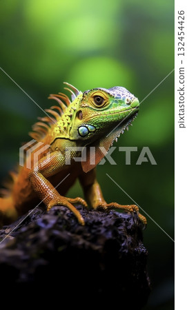 Colorful Iguana with Vibrant Skin Posing on a Rock in Natural Habitat Colorful Iguana with Vibrant Skin Posing on a Rock in Natural Habitat 132454426