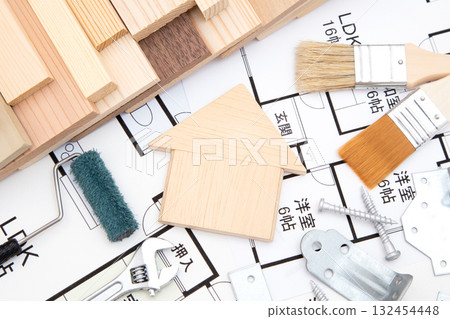 House and architectural drawings, construction materials, tools, and equipment 132454448
