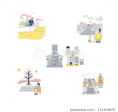 A set of various burial methods and grave-related images 132454675