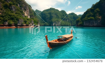 Phi Island Thailand tropical beach with turquoise water and boats on the sea. 132454678