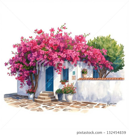 地中海風格的度假屋，有九重葛和白色的牆壁，水彩插圖 132454839