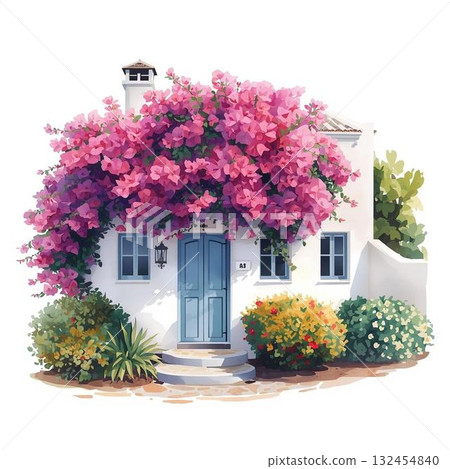 地中海風格的度假屋，有九重葛和白色的牆壁，水彩插圖 132454840