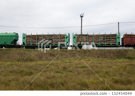 Railroad cars loaded with timber are parked on the tracks. Railroad cars loaded with timber. Timber trade. Freight transport. Timber transportation 132454849