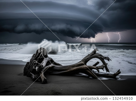 Weathered driftwood on a dark, stormy beach with crashing waves and lightning 132454910