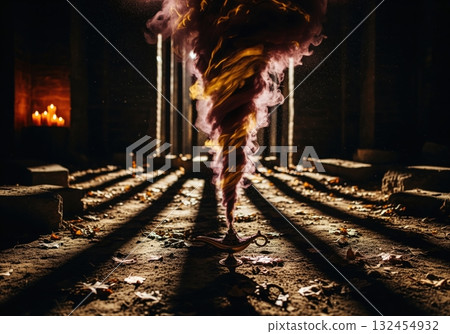 Bronze genie lamp releasing powerful swirling smoke and magic Bronze genie lamp releasing powerful swirling smoke and magic 132454932