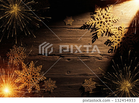 Sparkling golden snowflakes and dazzling fireworks holiday celebration Sparkling golden snowflakes and dazzling fireworks holiday celebration 132454933