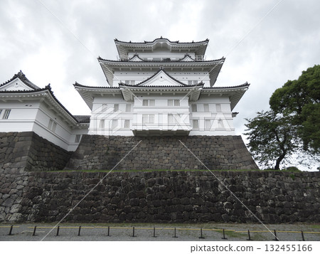 Odawara Castle towers over the stone walls, its white castle tower shining against the cloudy sky Odawara Castle towers over the stone walls, its white castle tower shining against the cloudy sky 132455166