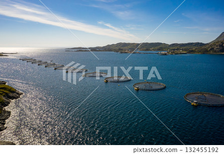 Farm salmon fishing in Norway. Norway is the biggest producer of farmed salmon in the world. Farm salmon fishing in Norway. Norway is the biggest producer of farmed salmon in the world. 132455192