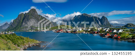 Amazing landscape town of Reine of the Lofoten Islands with blue sky , county of Nordland, Norway. Amazing landscape town of Reine of the Lofoten Islands with blue sky , county of Nordland, Norway. 132455195
