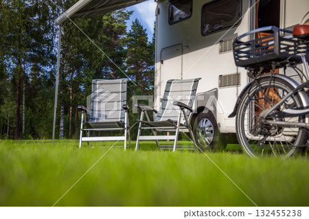 Family vacation travel RV, holiday trip in motorhome, Caravan car Vacation. Beautiful Nature Norway. Family vacation travel RV, holiday trip in motorhome, Caravan car Vacation. Beautiful Nature Norway. 132455238