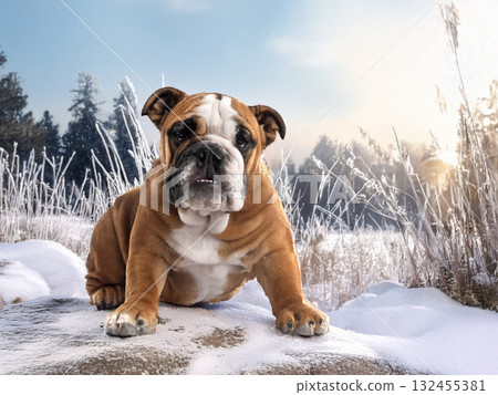 english bulldog in winter english bulldog in winter 132455381