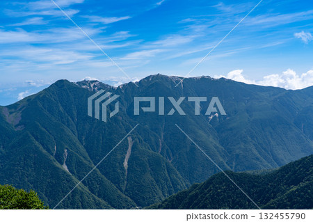 Mt. Kannon, one of the Houou Sanzan mountains, seen from the Kusasuberi hiking trail on Mt. Kitadake. Climbing Mt. Kitadake in the Southern Alps 132455790