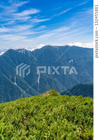 Mt. Kannon, one of the Houou Sanzan mountains, seen from the Kotaro Ridge junction of Mt. Kitadake. Climbing Mt. Kitadake in the Southern Alps 132455801