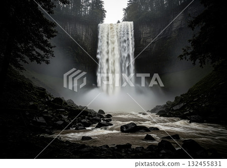 Dramatic roaring waterfall cascading into a rocky river in a dark forest 132455831