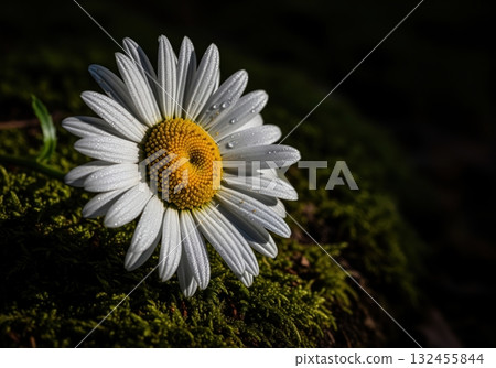 Dew kissed oxeye daisy flower with white petals and yellow center 132455844