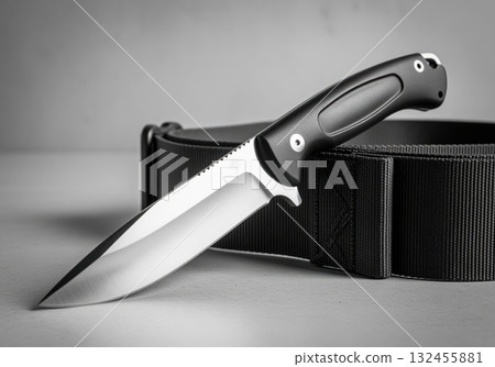 Sleek, sharp survival knife with a black handle, ideal for outdoor and tactical use. 132455881