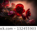 Crimson red begonia flowers with dew drops backlit in atmospheric mist 132455903