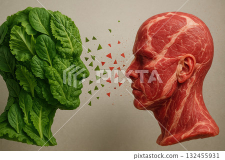 This artwork depicts striking contrast between face made of leafy greens and face composed of raw meat, symbolizing clash between nature This artwork depicts striking contrast between face made of leafy greens and face composed of raw meat, symbolizing clash between nature 132455931