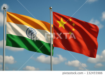 Flags of India and China waving in wind against blue sky with clouds, symbolizing international relations and diplomacy 132455986