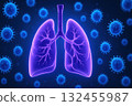 Digital illustration of human lungs surrounded by virus particles, representing respiratory health and disease. vibrant colors create striking 132455987