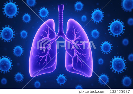 Digital illustration of human lungs surrounded by virus particles, representing respiratory health and disease. vibrant colors create striking Digital illustration of human lungs surrounded by virus particles, representing respiratory health and disease. vibrant colors create striking 132455987