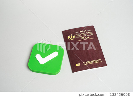 Iranian passport and approval check mark. Approval for obtaining a passport or citizenship. Permission for citizens to enter the country of arrival. Permission to enter or exit Iran. Iranian passport and approval check mark. Approval for obtaining a passport or citizenship. Permission for citizens to enter the country of arrival. Permission to enter or exit Iran. 132456008